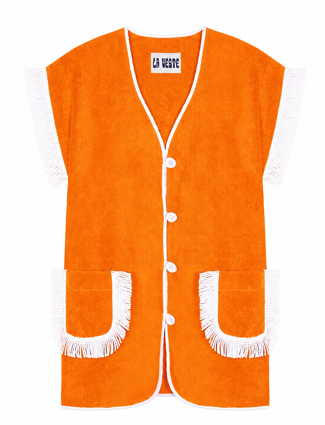 La Veste orange towel dress with deep V neck, button front and fringed patch pockets