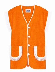 La Veste orange towel dress with deep V neck, button front and fringed patch pockets