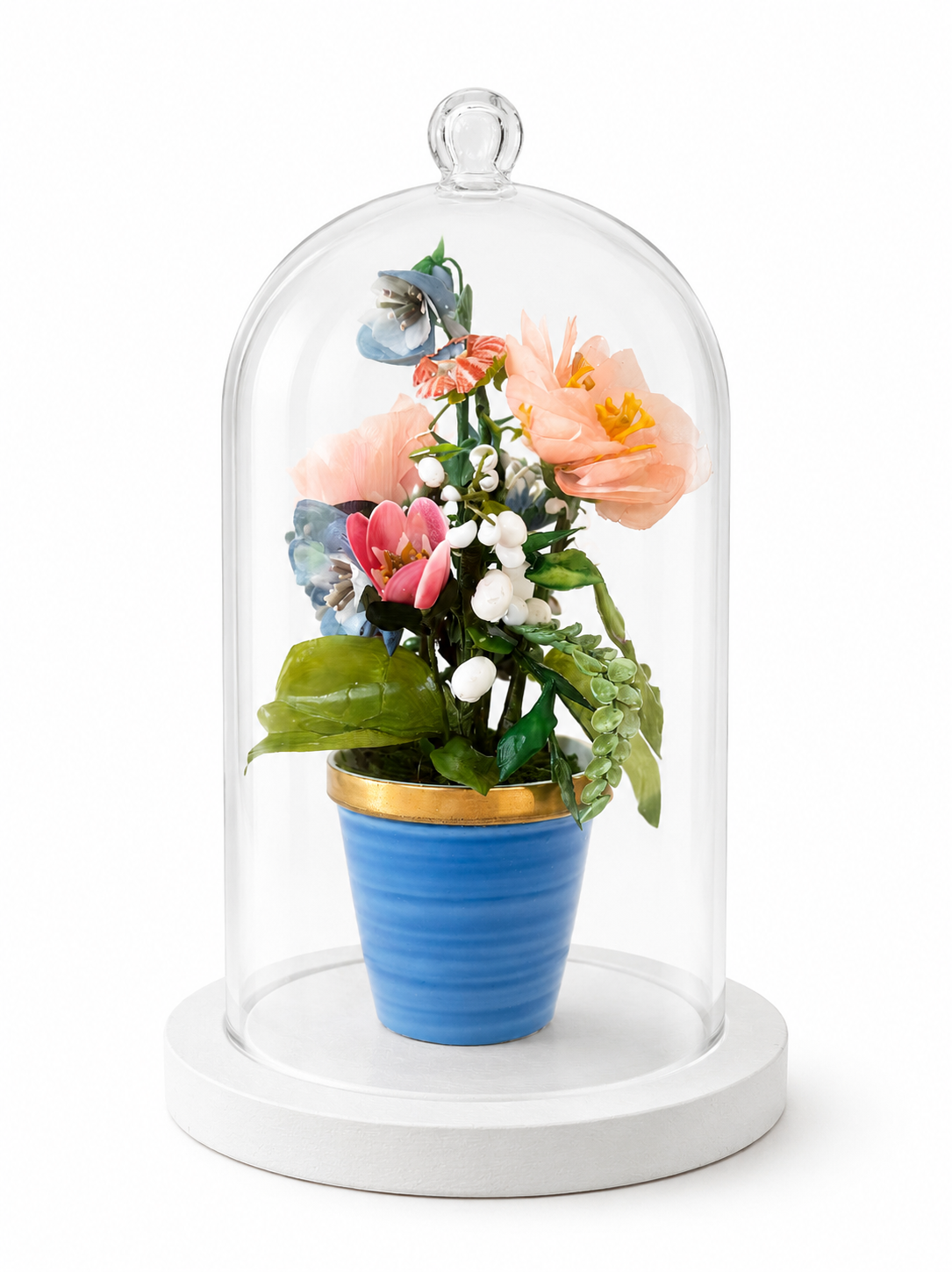 Glass cloche flower arrangement with blue ceramic pot and multi-color blooms