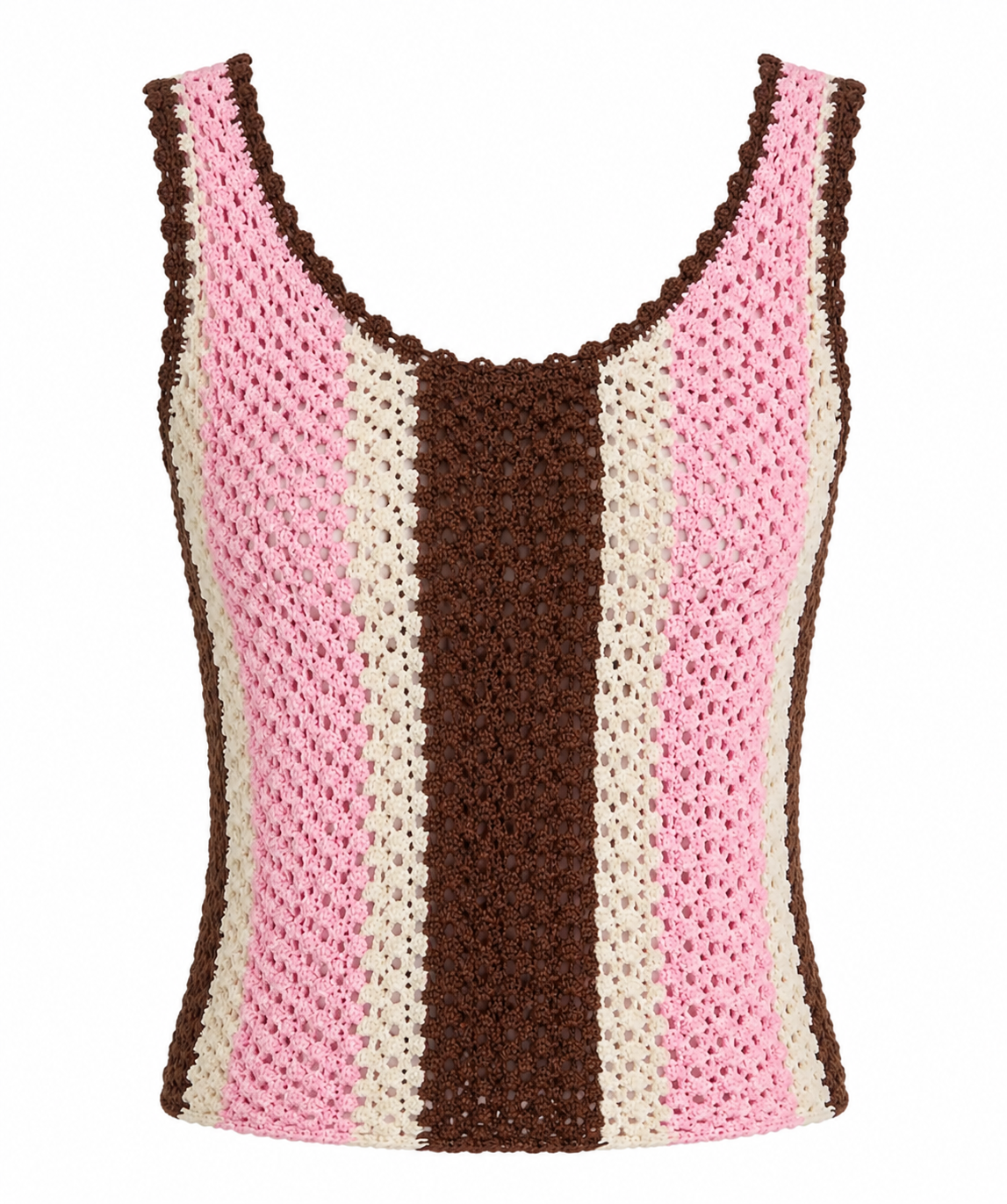 Chamoi top with pink, cream, and dark brown crochet knit, scoop neckline