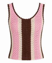 Chamoi top with pink, cream, and dark brown crochet knit, scoop neckline