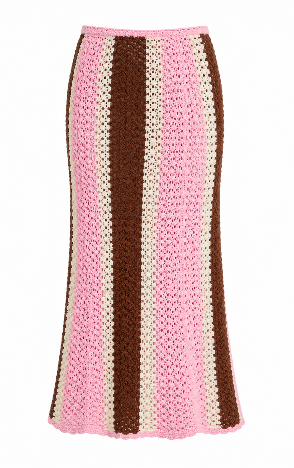 Mantilla skirt in pink, white and dark brown vertical stripe knit, midi length