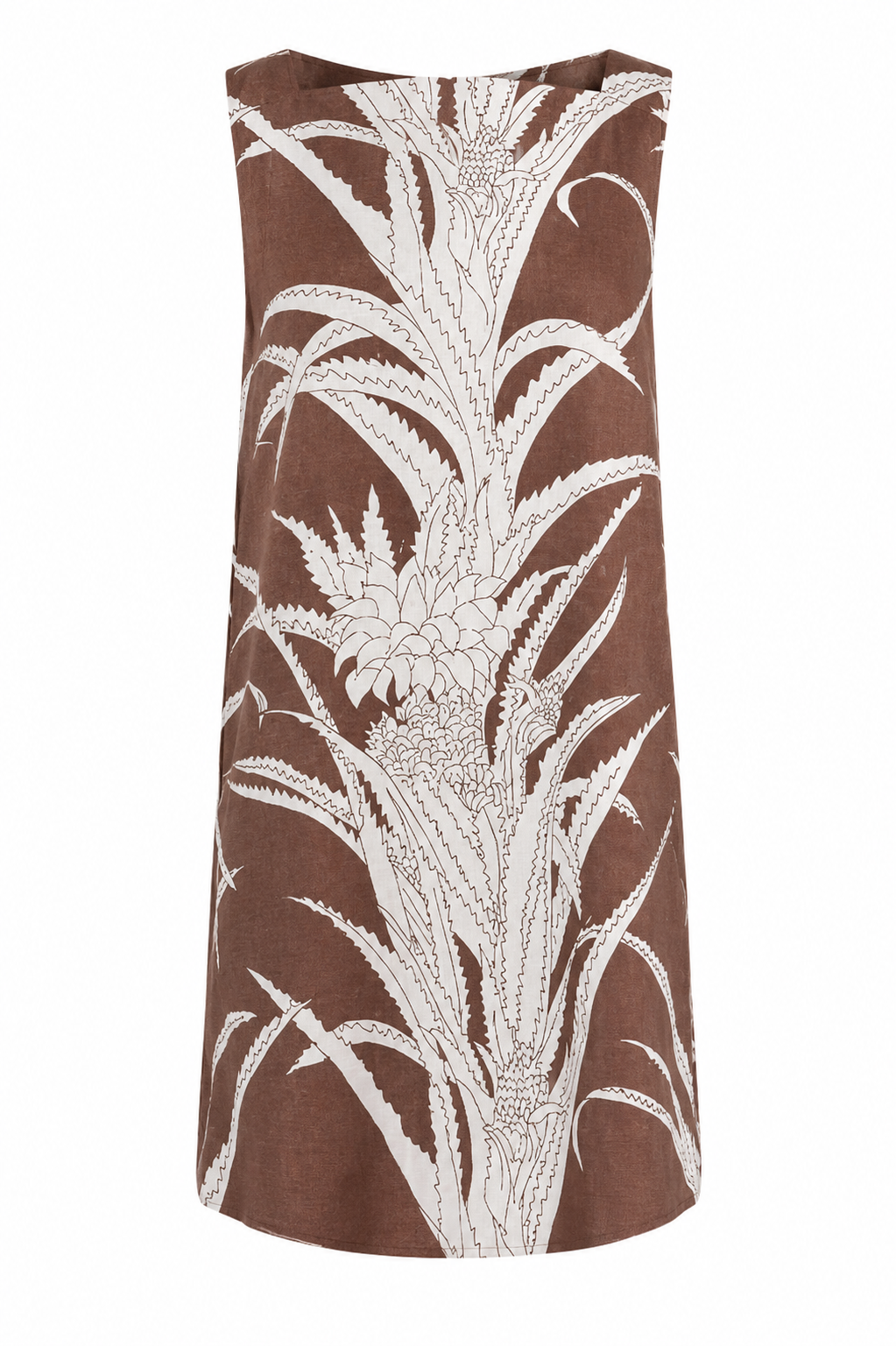 Mini shift dress in dark brown with white botanical feather print