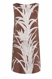 Mini shift dress in dark brown with white botanical feather print