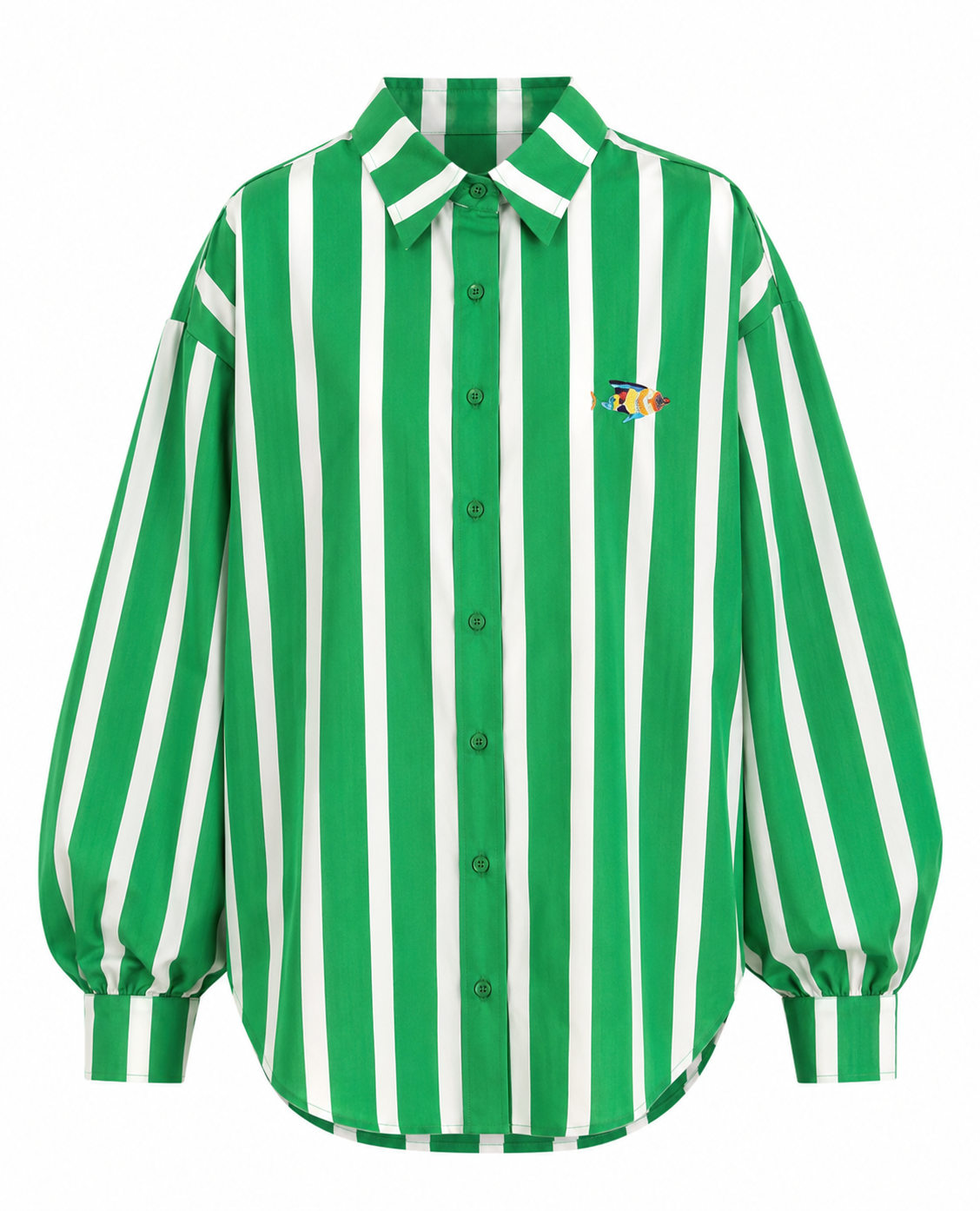 Green and white striped Oxford cover-up shirt with button front, point collar, puff sleeves