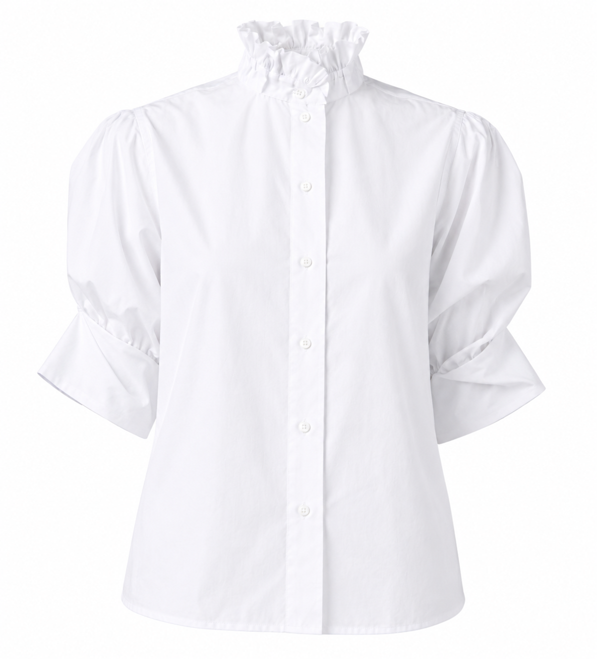 White high-neck blouse with button front and puff sleeves