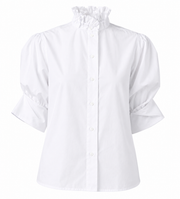 White high-neck blouse with button front and puff sleeves