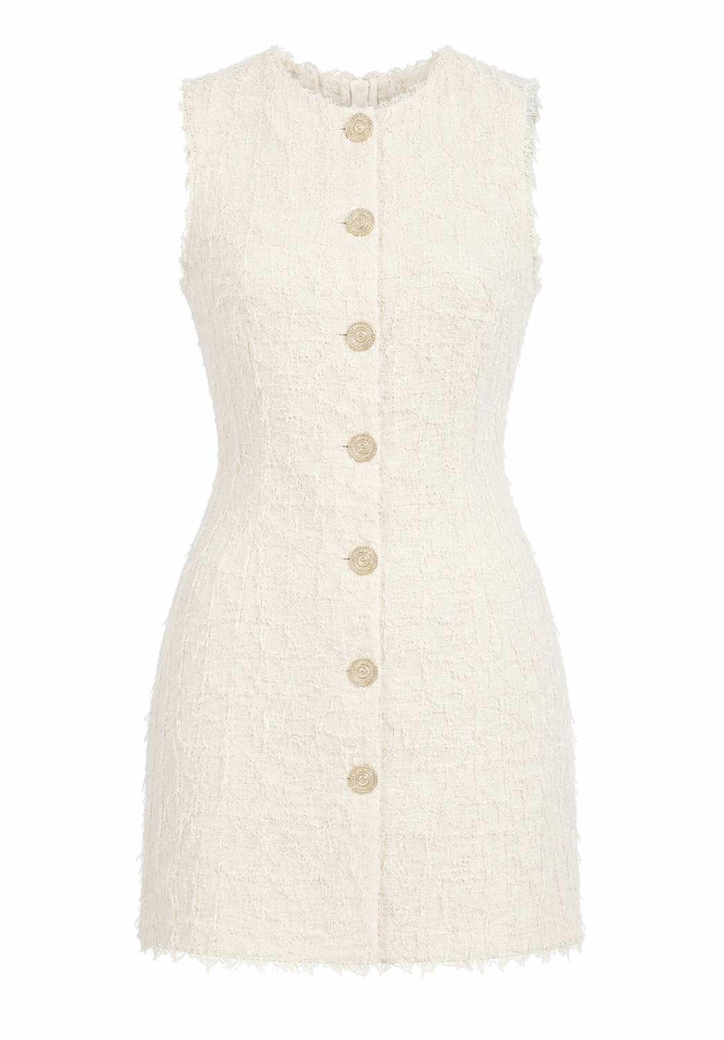 Destree frayed cotton mini dress, sleeveless cream with round buttons and frayed edges
