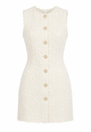 Destree frayed cotton mini dress, sleeveless cream with round buttons and frayed edges