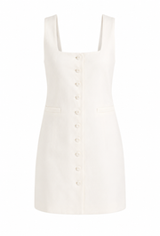 White sleeveless mini dress with square neckline and button-front placket