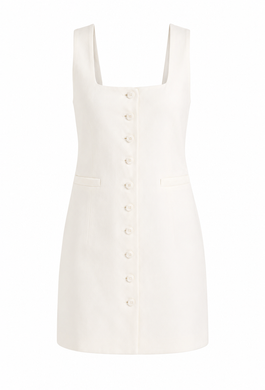 White sleeveless mini dress with square neckline and button-front placket
