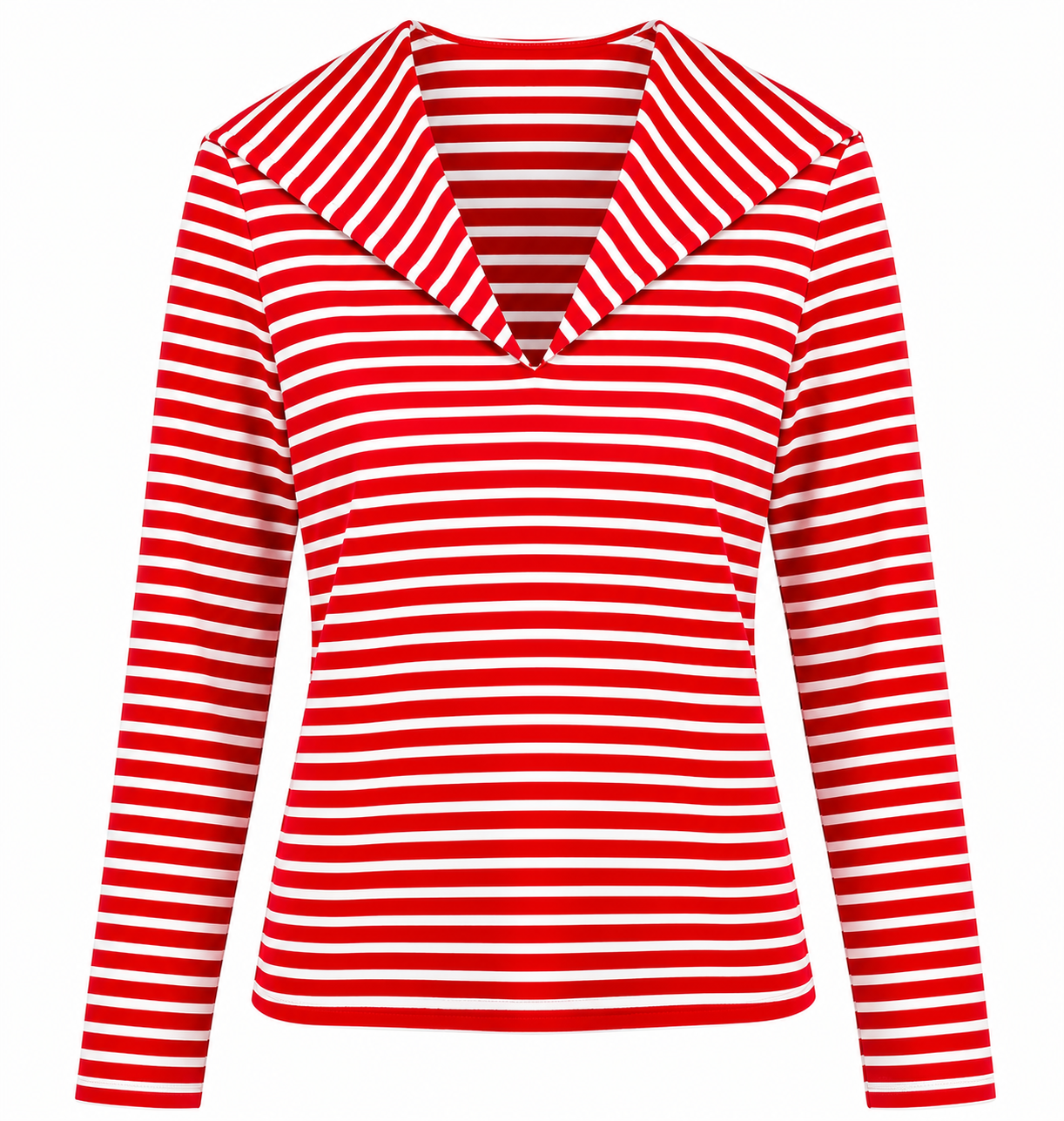 Red and white striped long-sleeve V-neck shirt, fitted knit top