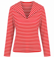 Red and white striped long-sleeve V-neck shirt, fitted knit top