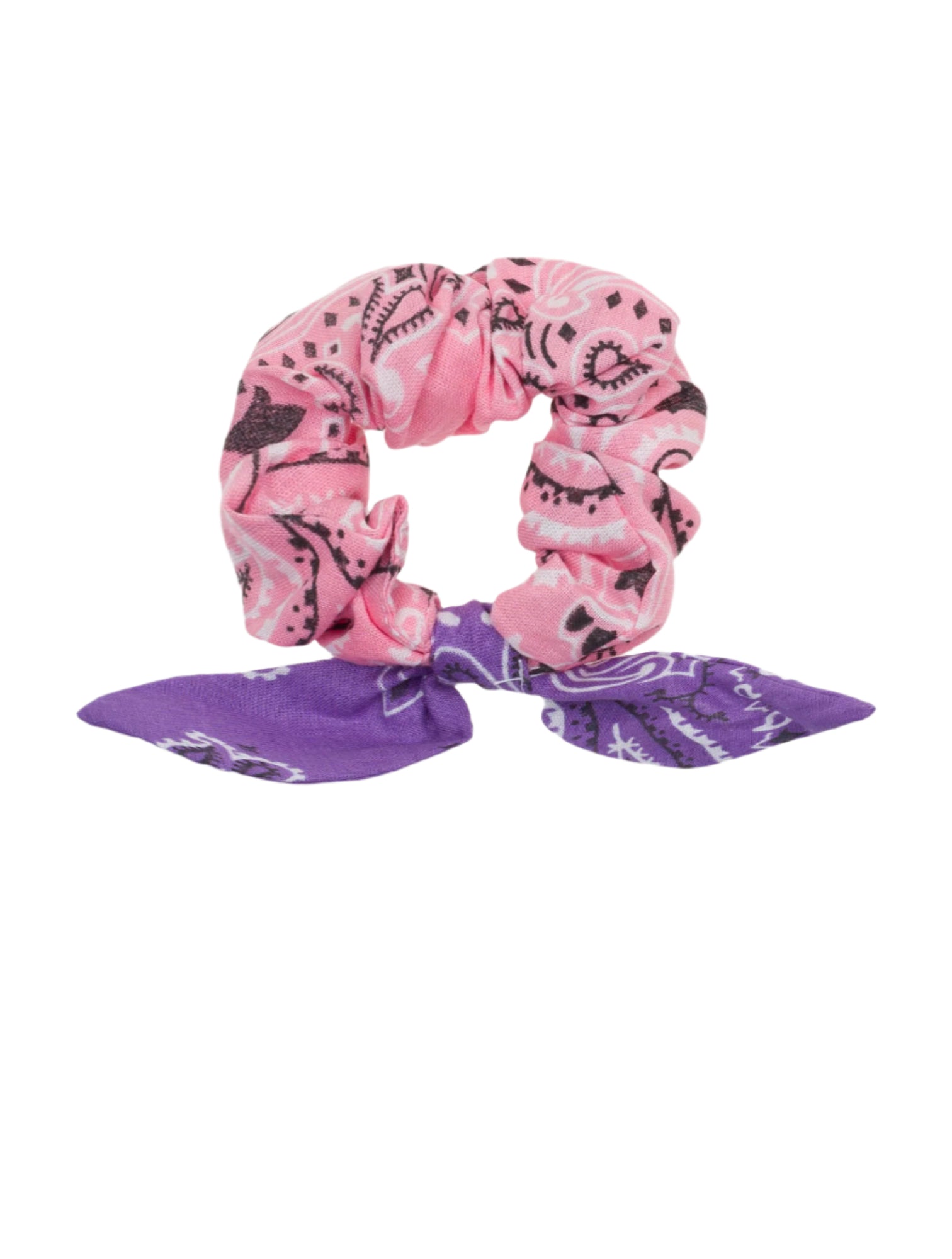 Chou Chou scrunchie in pink printed fabric with purple tie ends