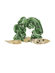 Green and beige paisley scrunchie with gathered band and long tails