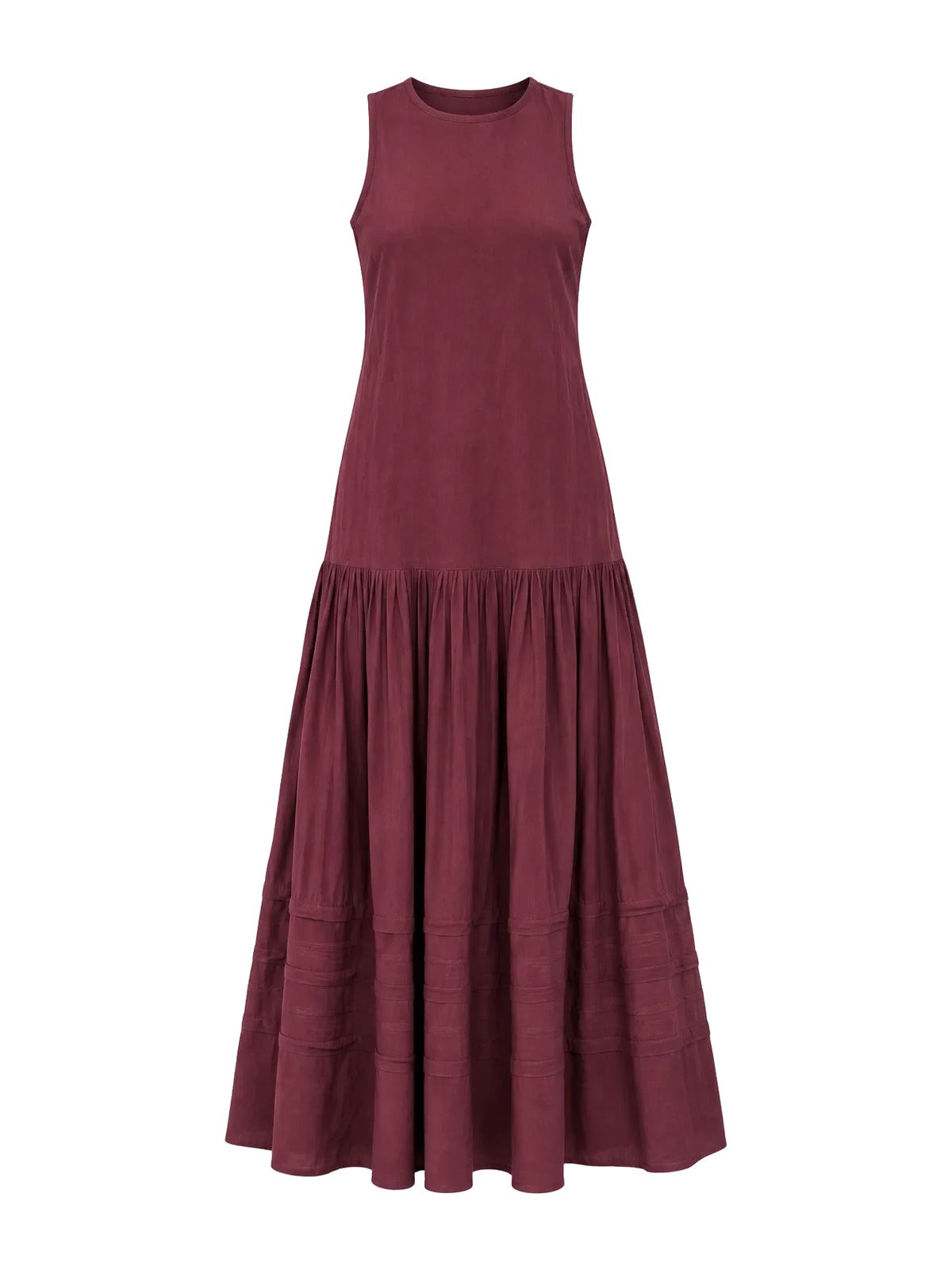 Sleeveless burgundy tiered midi dress with round neckline and gathered skirt hem