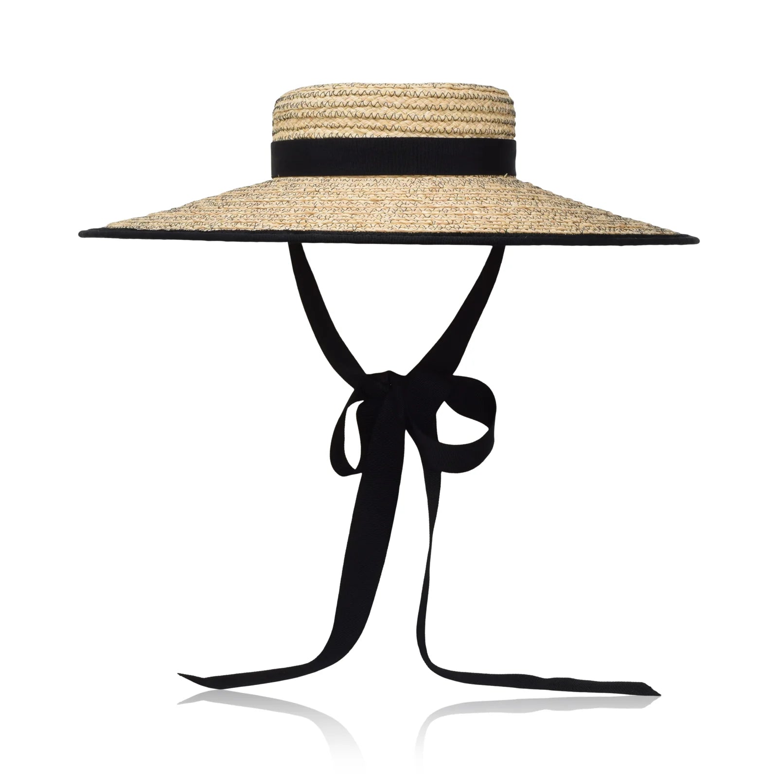 Clairborne straw sun hat with wide brim and black ribbon tie, adjustable one size