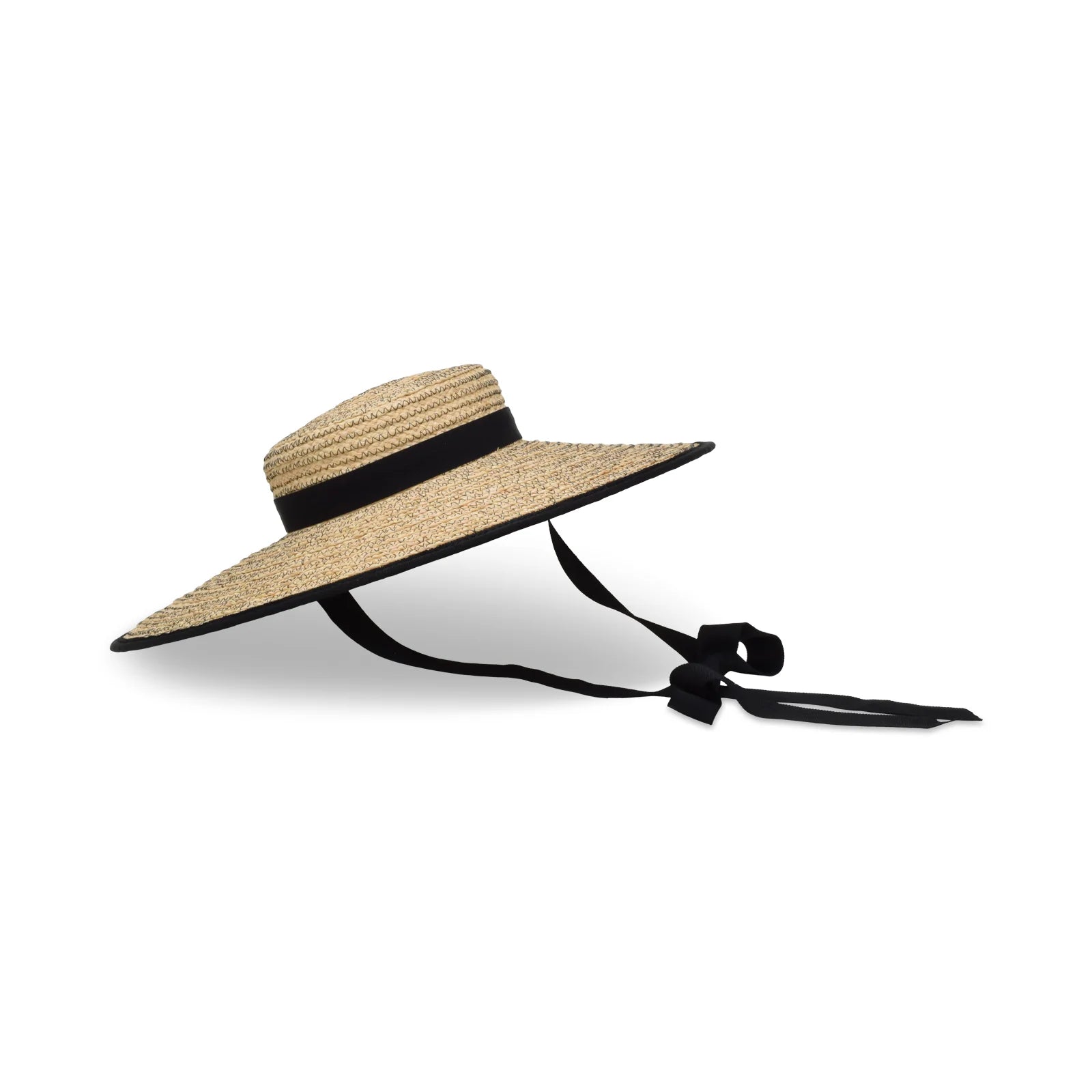 Clairborne straw sun hat, wide brim with black band and long ribbon tails