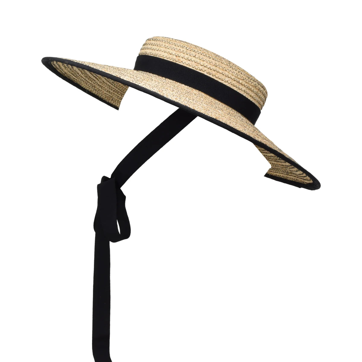 Clairborne straw sun hat with wide brim, black band, and tied ribbon under brim