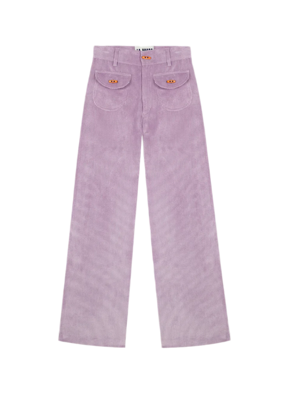 Clovis pants in purple corduroy, button front, flap pockets, belt loops