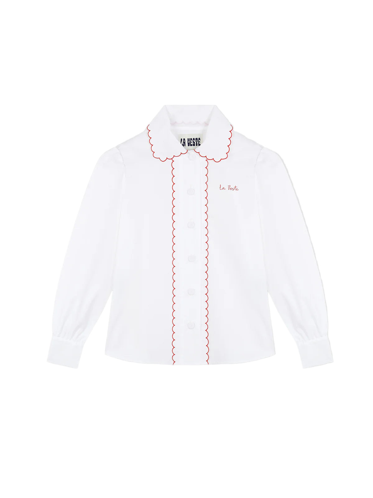 La Veste Blackboard shirt in white with red scalloped trim and button placket