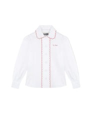 La Veste Blackboard shirt in white with red scalloped trim and button placket