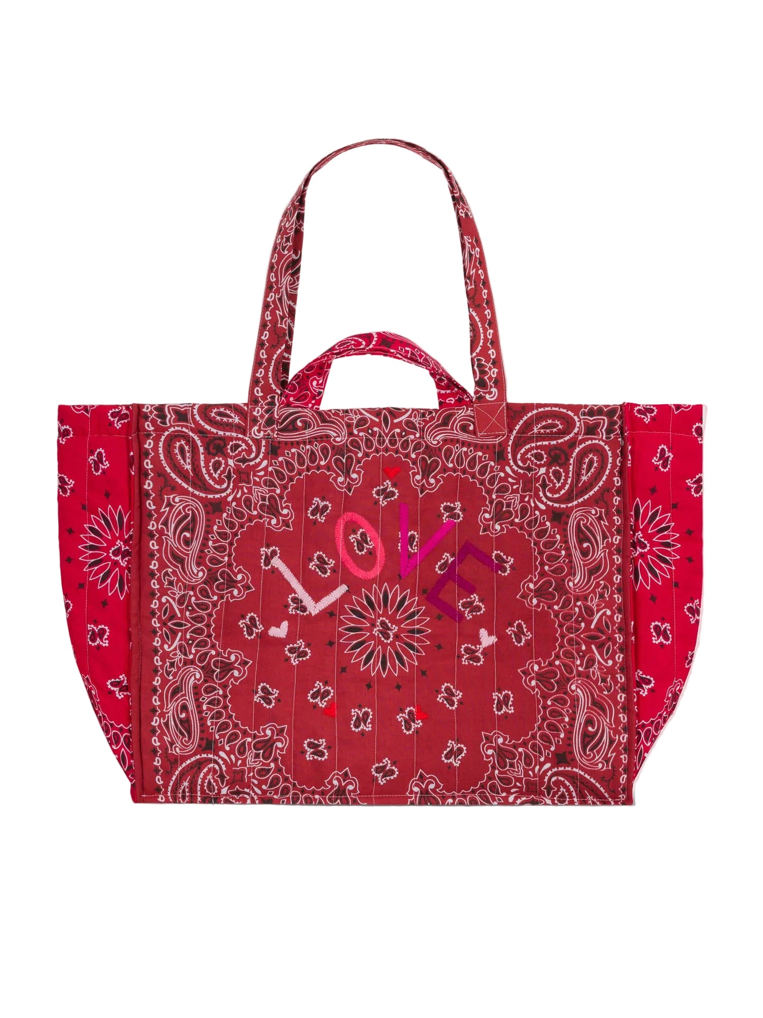 Red patterned tote bag with paisley print, top handles and open top
