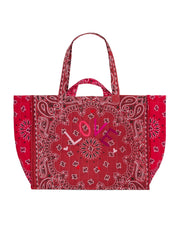 Maxi cabas tote bag in vintage red with white paisley print, top handles