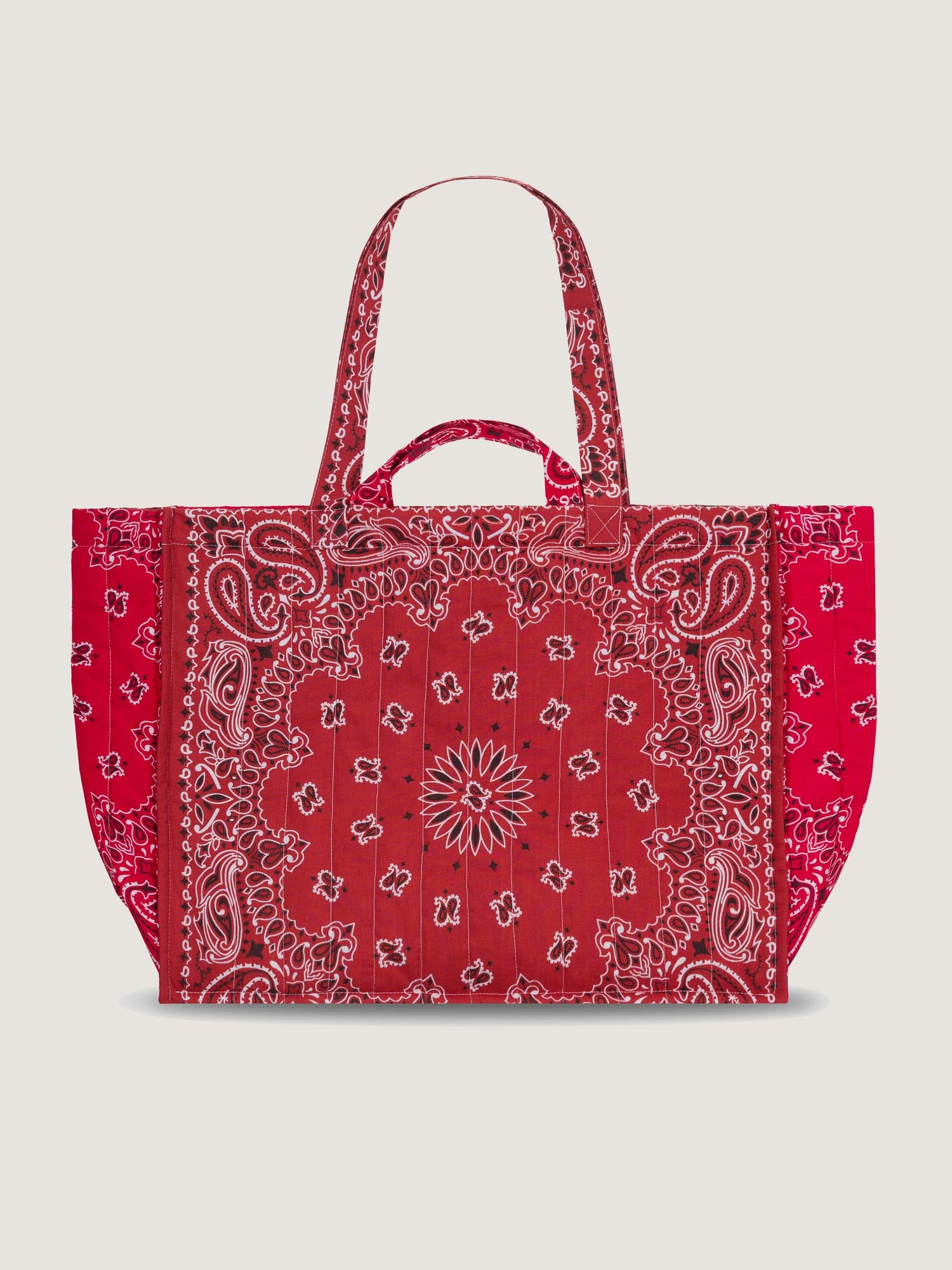 Red paisley-print tote bag, sturdy top handles, rectangular open body