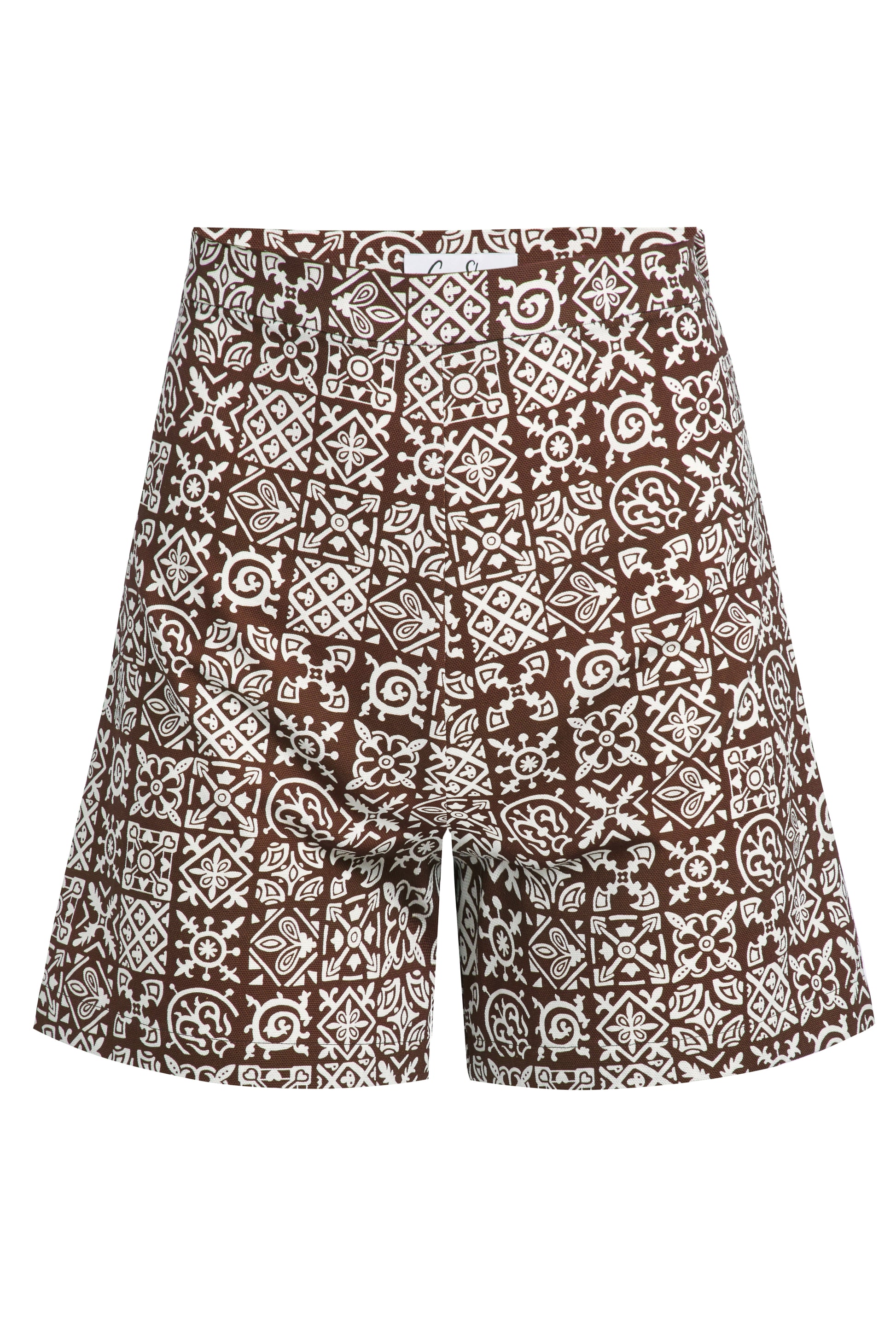 High-waisted short, dark brown with white geometric doodle print, straight legs