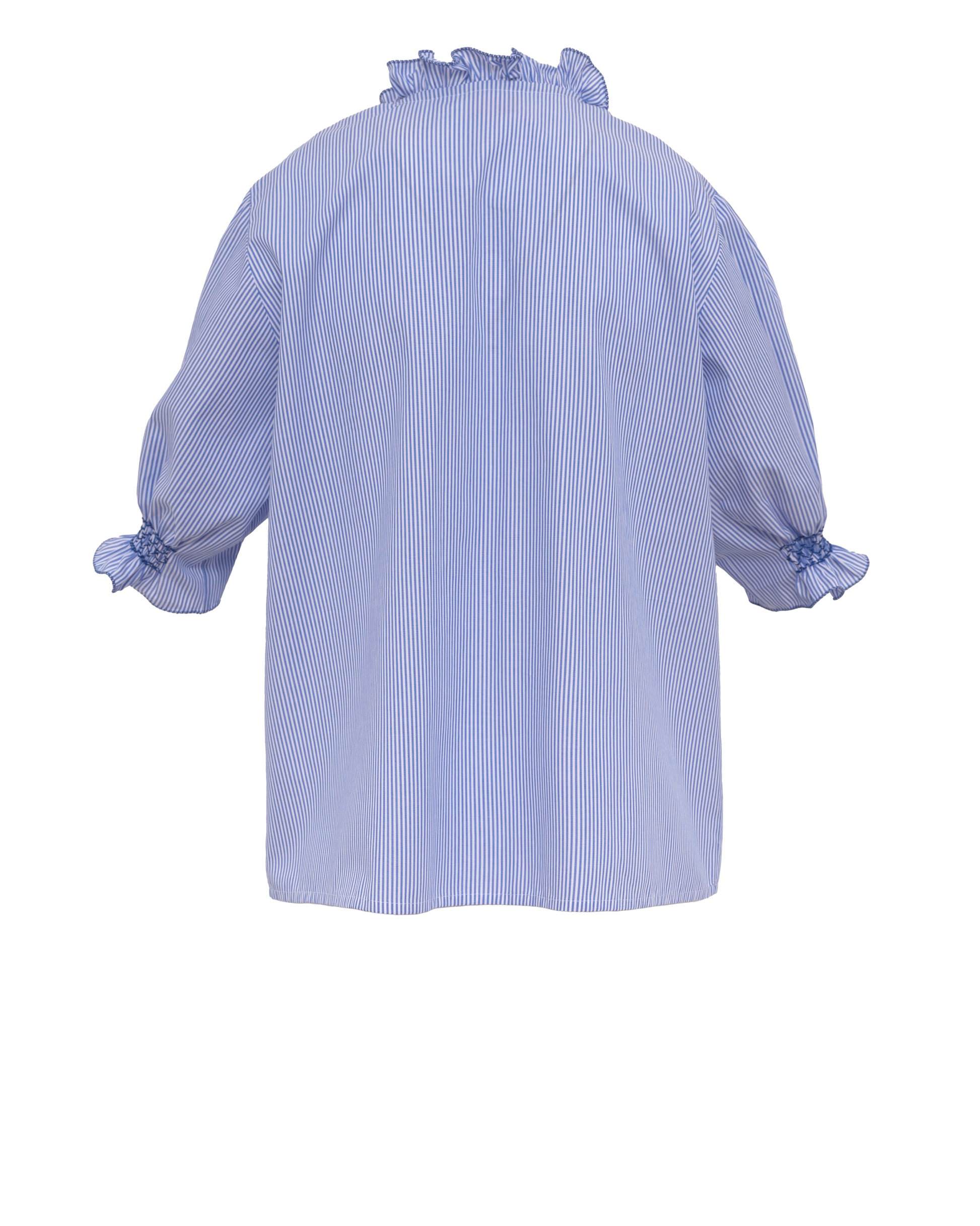 Light blue striped shirt with ruffled high back yoke and elastic ruffle cuffs