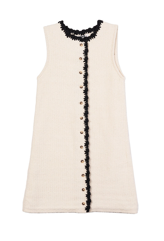 Lalia knit dress in cream with black scalloped trim and button placket