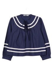 Joa top in navy with white sailor stripes, bow tie neckline, long sleeves