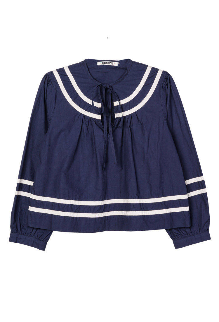 Joa top in navy with white sailor stripes, bow tie neckline, long sleeves