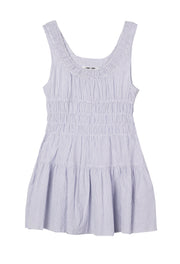 Tiered smocked dress, sleeveless wide scoop neck, light blue striped fabric