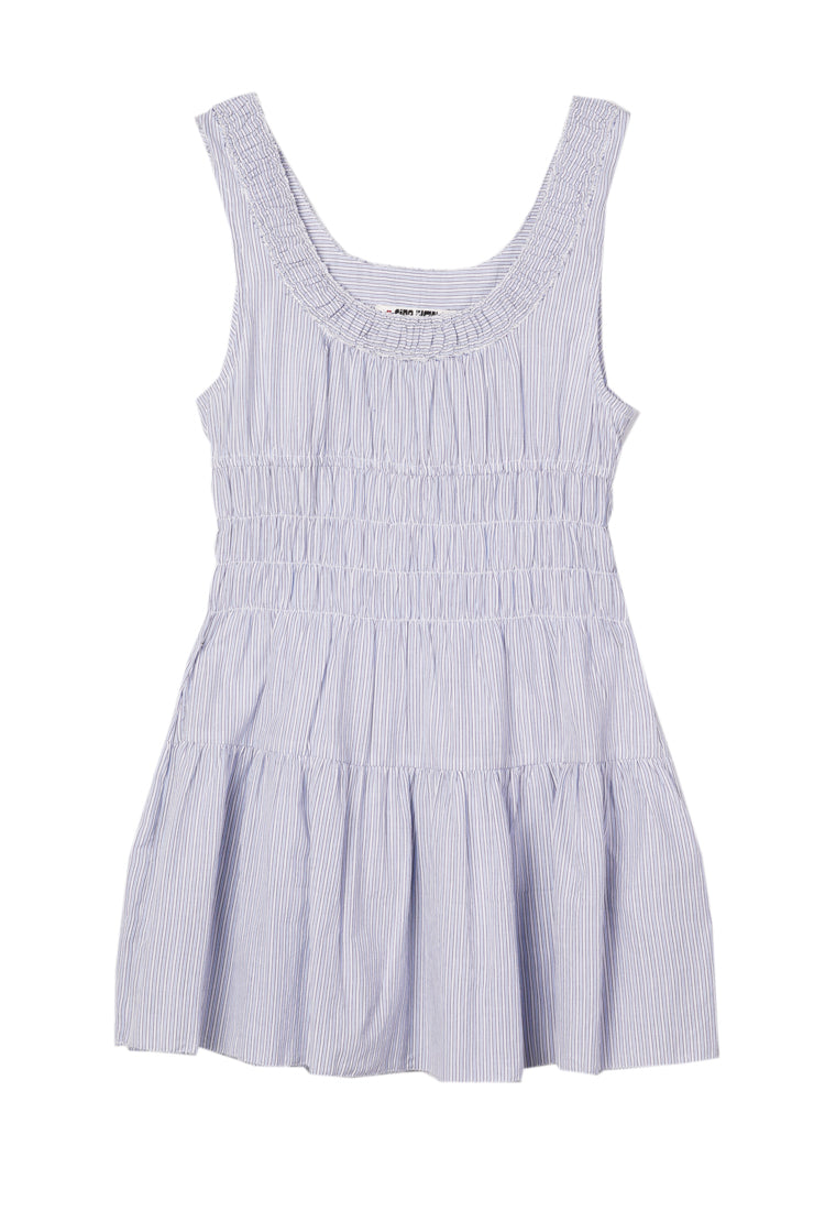 Tiered smocked dress, sleeveless wide scoop neck, light blue striped fabric
