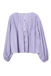 Striped cotton top in light purple with button-front placket and long puff sleeves
