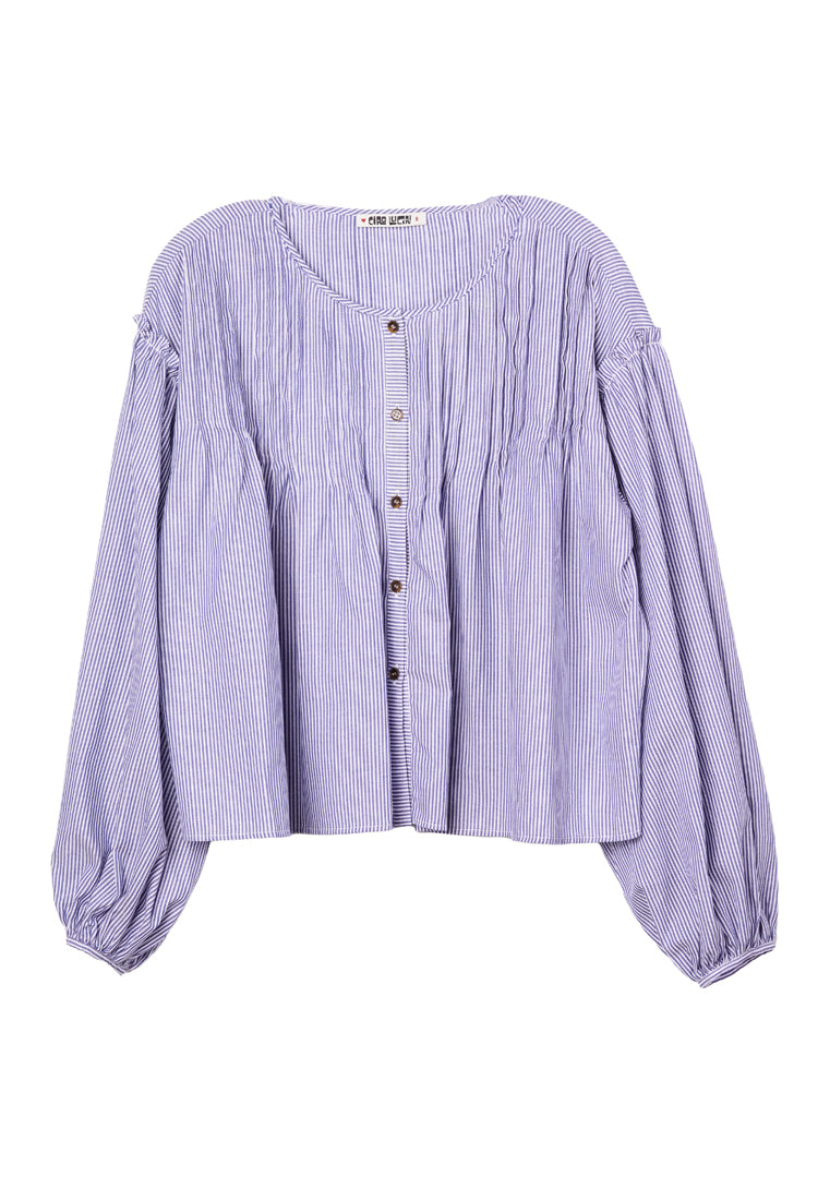 Striped cotton top in light purple with button-front placket and long puff sleeves