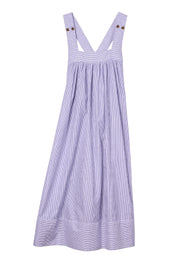 Blue and white striped cotton dress, square neckline, buttoned shoulder straps, gathered skirt
