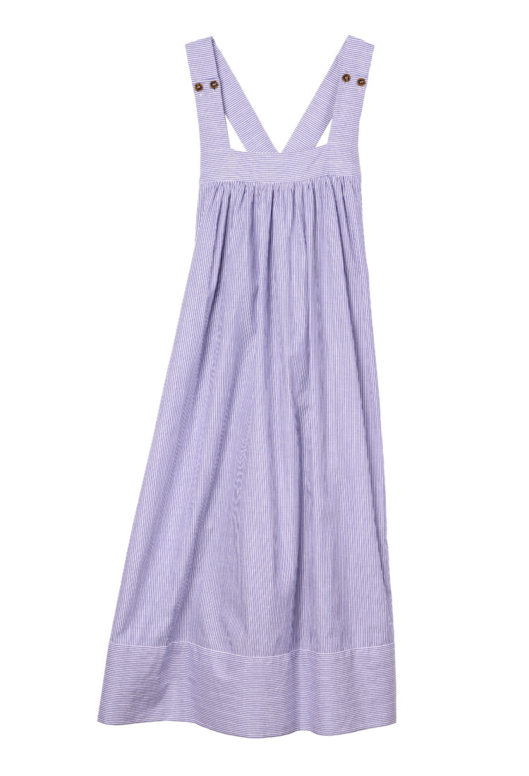 Blue and white striped cotton dress, square neckline, buttoned shoulder straps, gathered skirt