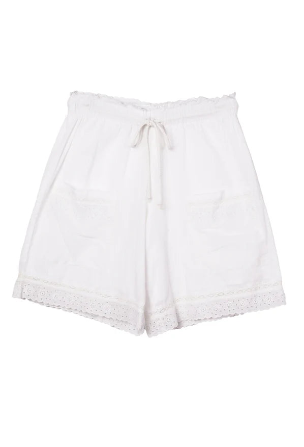 White Neria short with elastic waistband, drawstring tie, and eyelet lace hem