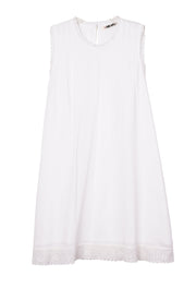 White embroidered cotton dress with round neckline and scalloped lace hem