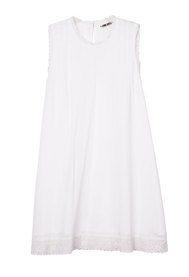 White embroidered cotton dress with round neckline and scalloped lace hem