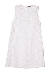 White sleeveless lace shift dress with circular embroidery and high neckline