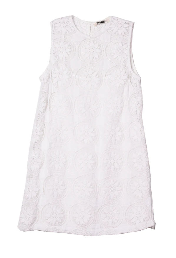 White sleeveless lace shift dress with circular embroidery and high neckline