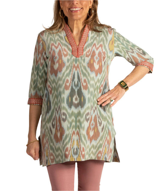 Giverny Silk Ikat Tunic - Mint, Salmon Multi