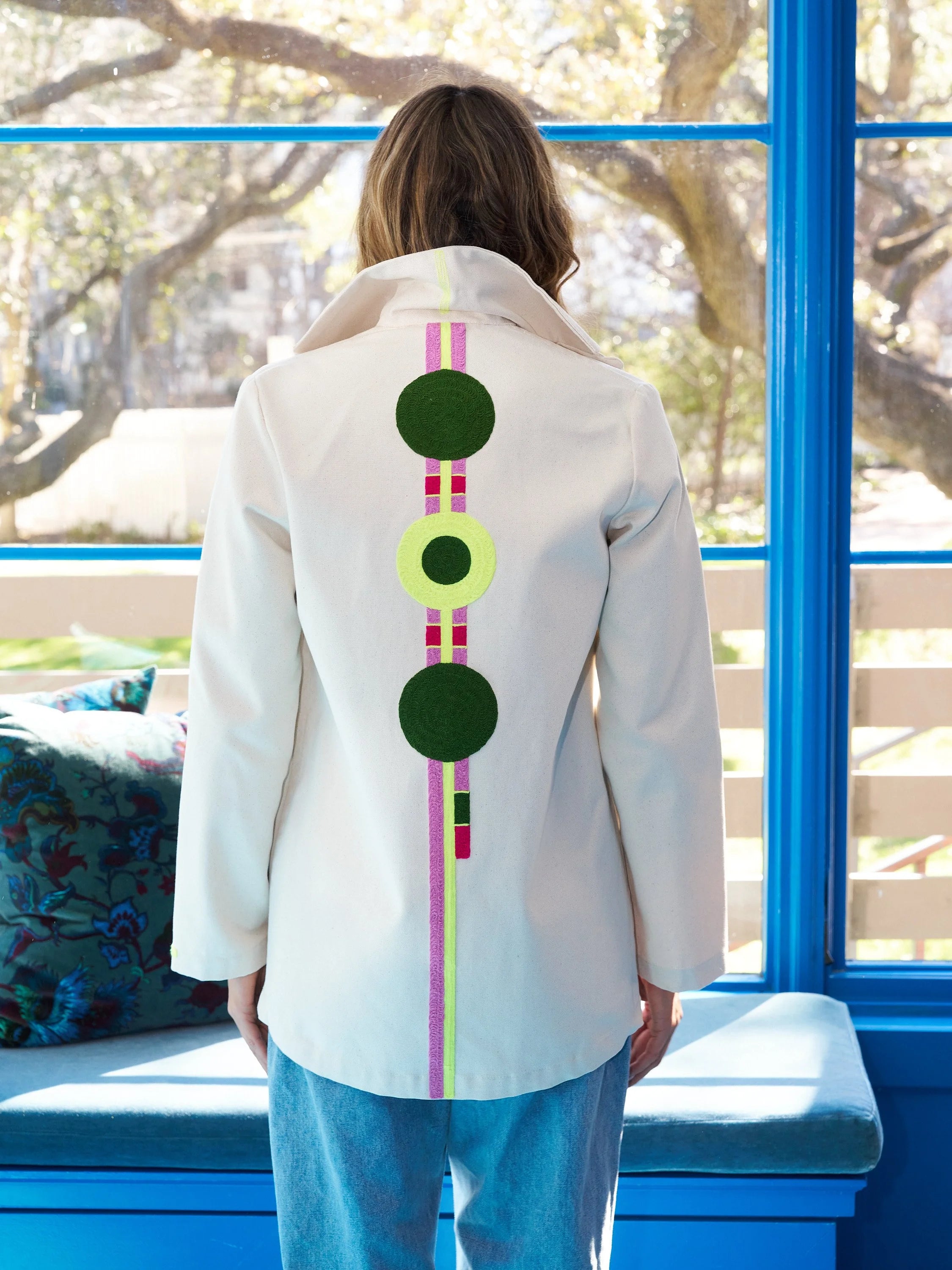 Prickly Pear jacket, cream with vertical bead-like graphic on back