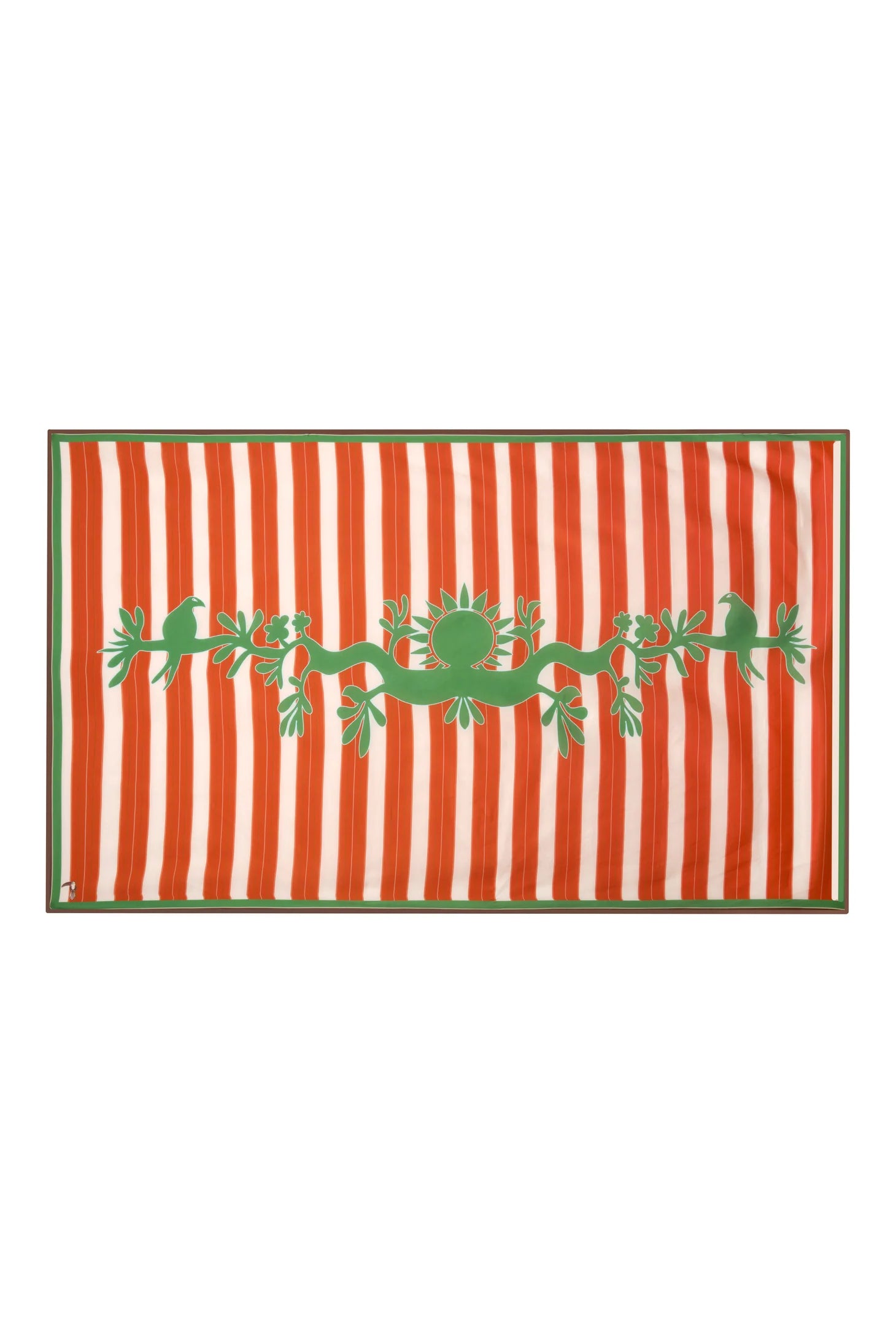 Cotton-silk sarong fabric with orange vertical stripes, green floral border, center medallion