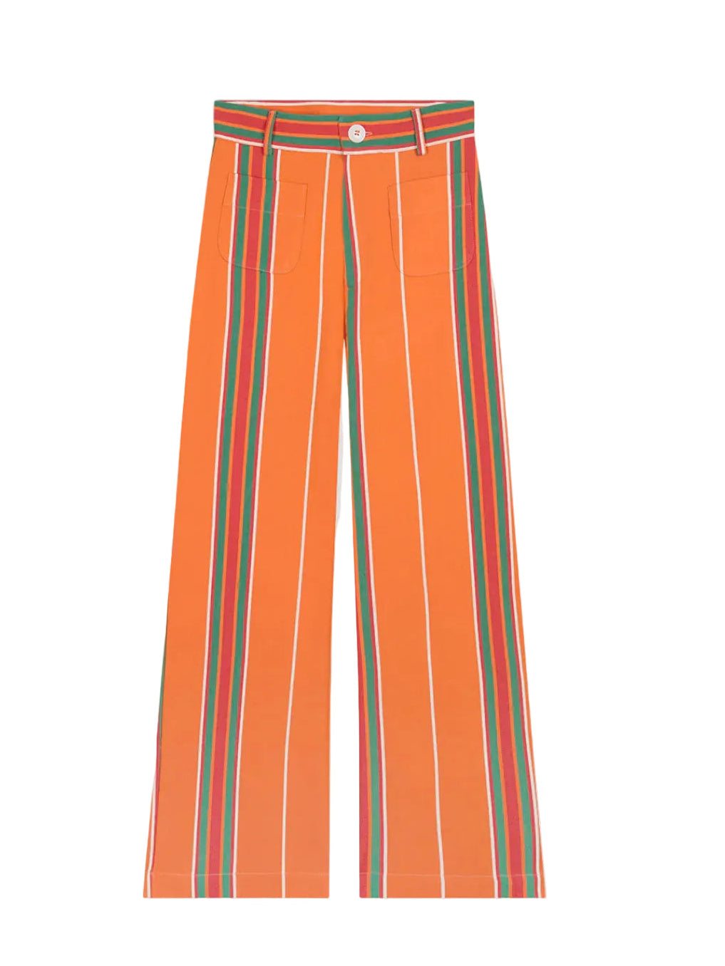 Orange striped pants with green/red vertical stripes, adjustable waistband, side pockets