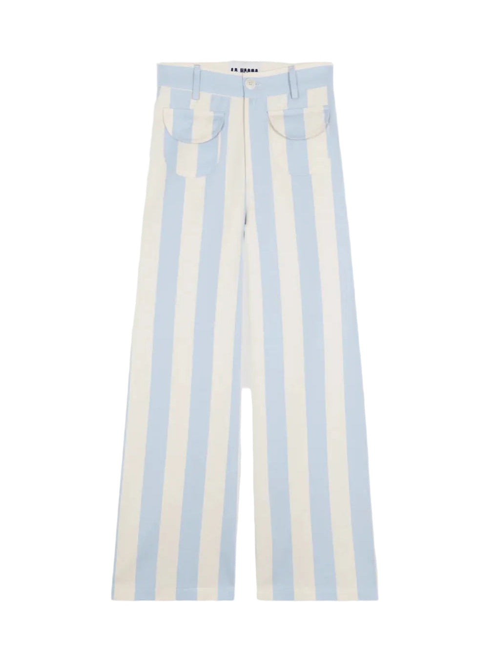 Parasol pants with light blue and cream vertical stripes, button waistband